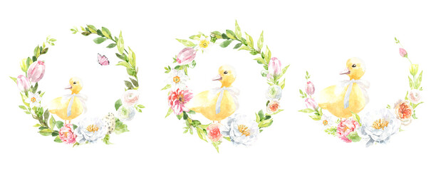 Watercolor Happy Easter floral wreath illustration, spring animal round frame with cute bunny for baby shower invitation, easter egg hunt invite, spring wedding, greeting card, nursery printable frame