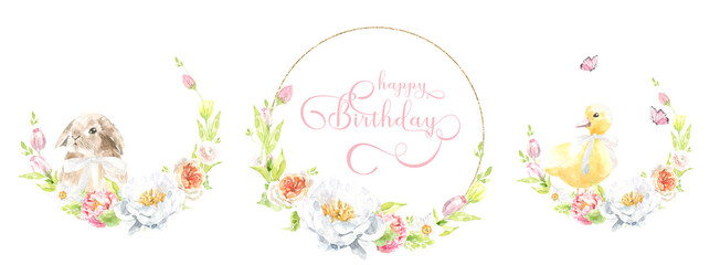 Watercolor Happy Easter floral wreath illustration, spring animal round frame with cute bunny for baby shower invitation, easter egg hunt invite, spring wedding, greeting card, nursery printable frame