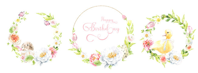 Watercolor Happy Easter floral wreath illustration, spring animal round frame with cute bunny for baby shower invitation, easter egg hunt invite, spring wedding, greeting card, nursery printable frame