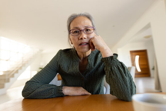 Focused senior asian woman having video call