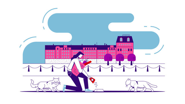 Illustration of a young woman who purchased groceries from a store and is now feeding stray cats on the city street. The image is in flat design style against white background, representing kindness