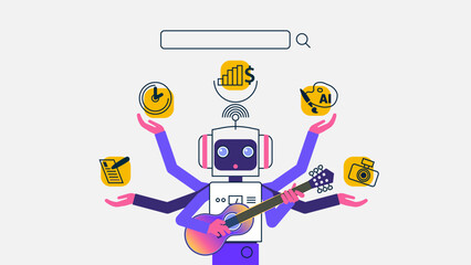 Illustration of a cute cartoon robot with multiple hands, each hand displaying popular search task icons on its palm, against a white background. A search bar with a magnifying glass is displayed on