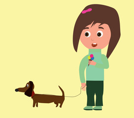 A child with a dog and ice cream is walking