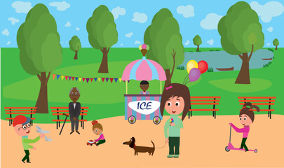 Children are walking in the park near the ice cream shop