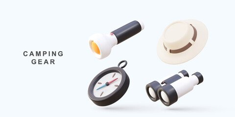 3d set of elements for camping, flashlight, compass, binocular and hat. Vector illustration.