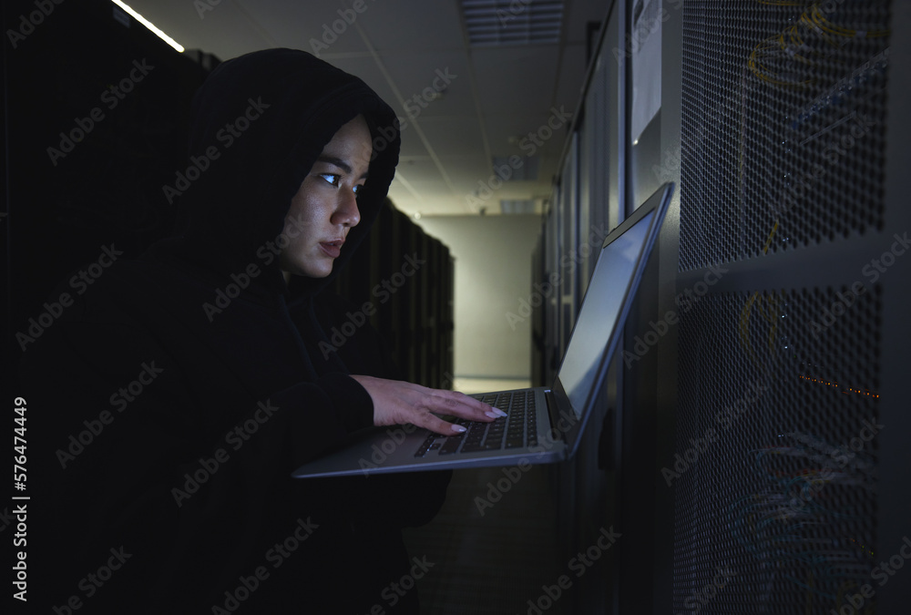Fototapete Hacker, server room and woman computer coding, data center crime and ransomware of cyberpunk in dark. Laptop hacking, person or thief in cybersecurity, information technology and criminal programmer