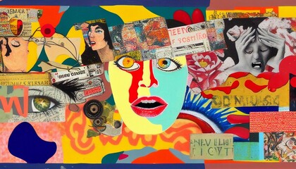 Fototapeta na wymiar The Many Faces of Stress and Anxiety: A Vibrant Psychological Mixed Media Collage; Panic Attacks, Trauma, Self-Reflection, Mindfulness, Psychiatry, Therapy (generative AI, AI)