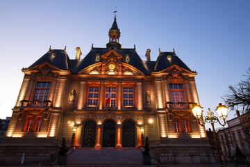 Obraz premium Suresnes town hall night view . It is a French municipality of the department Hauts-de-Seine in the region Ile-de-France.