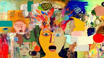 The Many Faces of Stress and Anxiety: A Vibrant Psychological Mixed Media Collage; Panic Attacks, Trauma, Self-Reflection, Mindfulness, Psychiatry, Therapy (generative AI, AI) - obrazy, fototapety, plakaty