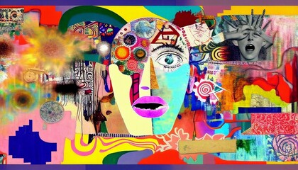 The Many Faces of Stress and Anxiety: A Vibrant Psychological Mixed Media Collage; Panic Attacks, Trauma, Self-Reflection, Mindfulness, Psychiatry Therapy (generative AI, AI) - obrazy, fototapety, plakaty