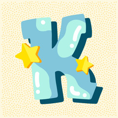 Candy glossy font design. Pastel blue and paper yelow star decor letters ABC. Sweets for girls. Letter K