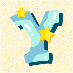 Candy glossy font design. Pastel blue and paper yelow star decor letters ABC. Sweets for girls. Letter Y