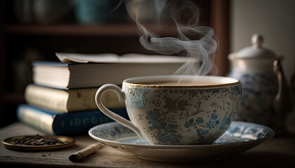 Obraz na płótnie Canvas A ceramic cup of coffee on a saucer with books. Generative AI