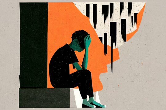 Depression and feeling alone, blue left out, loneliness, major depressive episode MDE in simple graphic design style, black and neutral colors high contrast symbolic (generative AI, AI)