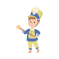 Cute boy drum major. Happy kid in traditional costume marching band parade cartoon vector illustration
