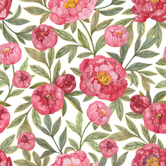 Seamless floral pattern with red and pink peonies and green leaves painted in watercolor on a white background. Elegant floral print for textiles, wrapping paper, wallpaper and more.