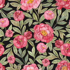 Seamless floral pattern with red and pink peonies and green leaves painted in watercolor on a black background. Elegant floral print for textiles, wrapping paper, wallpaper and more.