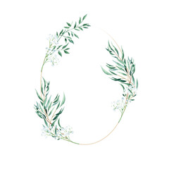 Watercolor floral wreath, frame, eucalyptus and gypsophila branches. Hand drawn botanical illustration. Can be used for logo design, wedding stationary, birthday, anniversary, baby shower cards, wallp © Tatiana