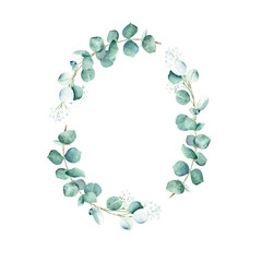 Watercolor floral wreath, frame, eucalyptus and gypsophila branches. Hand drawn botanical illustration. Can be used for logo design, wedding stationary, birthday, anniversary, baby shower cards, wallp