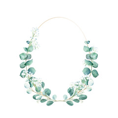 Watercolor floral wreath, golden frame, eucalyptus and gypsophila branches. Hand drawn botanical illustration. Can be used for logo design, wedding stationary, birthday, anniversary, baby shower cards