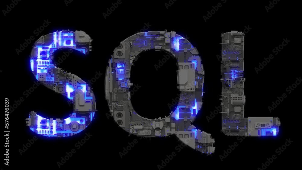 Poster scrap metal cyber punk text sql with electrical light and animated surface, isolated - loop video