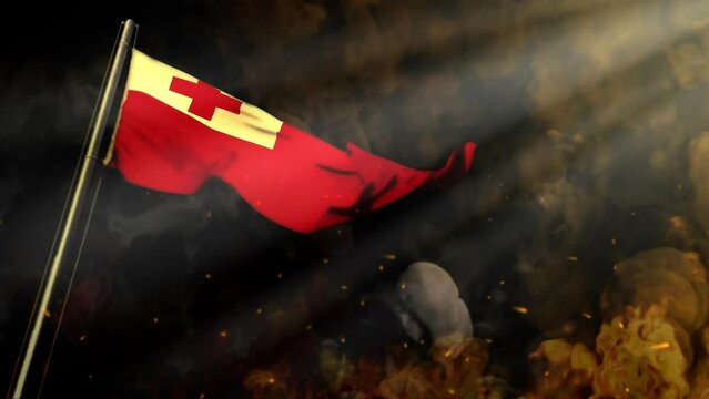 waving Tonga flag on smoke and fire with sun beams - disaster concept