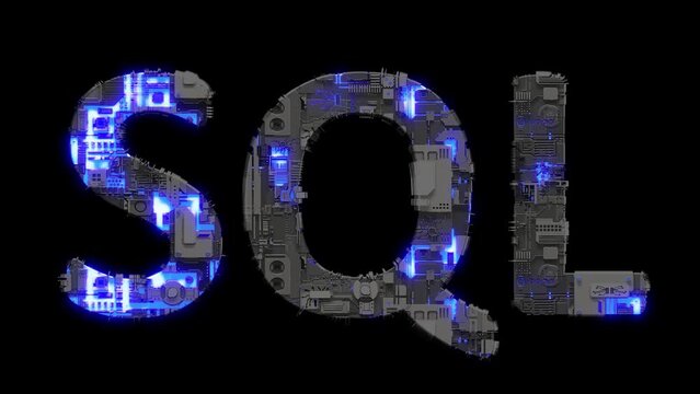 scrap metal cyber punk text SQL with electrical light and animated surface, isolated - loop video