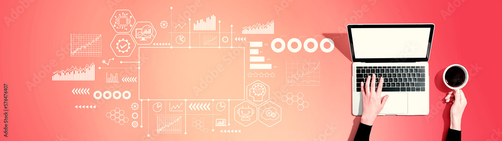 Poster digital transformation and technological revolution concept with person using a laptop computer