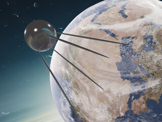 Satellite orbiting the earth planet of solar system in outer space. 3D rendered illustration. Elements of this image where furnished by NASA.