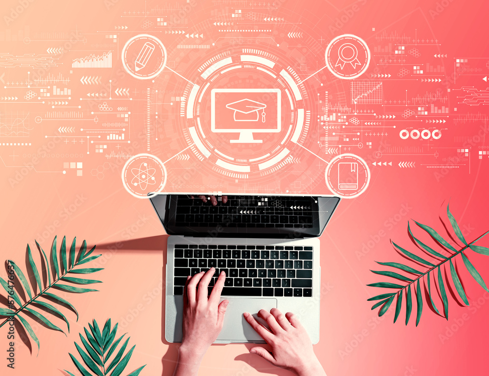 Poster e-learning concept with person using a laptop computer