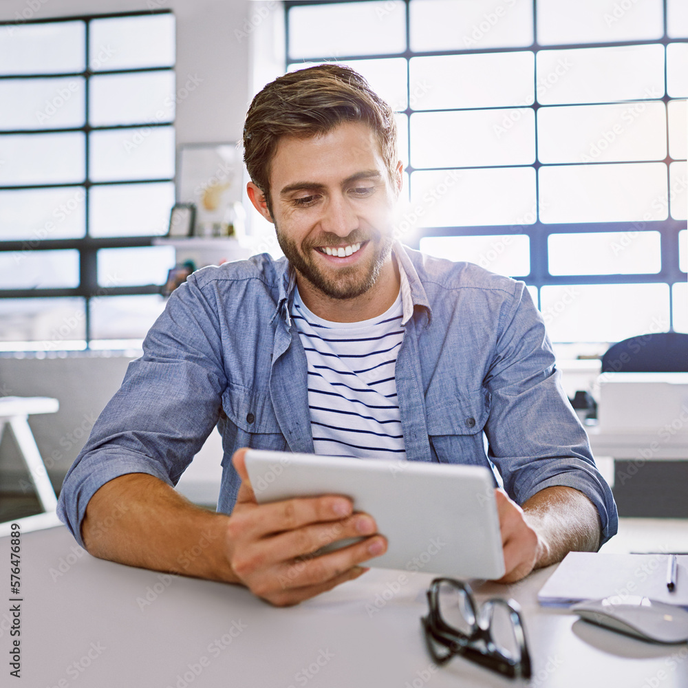 Poster tablet, smile and business man reading email or social media for ideas in creative project in conten
