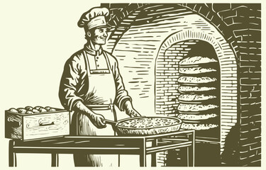 Man holding baking tray in bakery background. Vintage woodcut engraving illustration.
