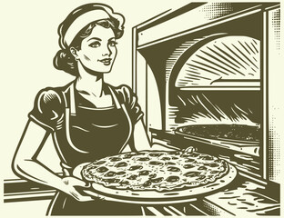 Woman holding pizza with oven in the background. Vintage woodcut engraving illustration.