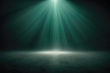 Abstract Background With Green Fog in Minimalistic Dark Space With Rays of Light. Generative AI.