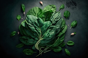 spinach leaves on black background with copy space, empty product display, generative ai 