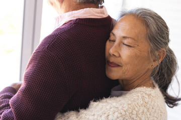 Happy senior diverse couple embracing and looking through window