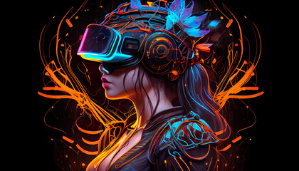 Illustration of a woman with VR headset exploring the metaverse. Abstract background, Artwork