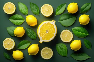 lemon pattern on background with copy space, fresh and organic top view product display, generative ai 