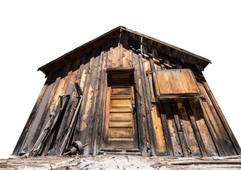View of abandoned mining cabin on National Forest land in the California Sierra Nevada Mountains.  Isolated with cut out background. - Powered by Adobe