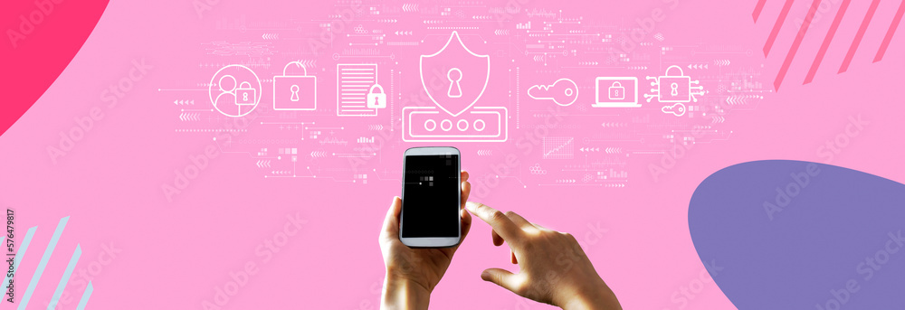 Poster cyber security theme with person using a smartphone