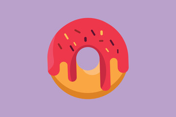 Obraz premium Graphic flat design drawing stylized donut store logo label. Emblem fast food doughnut restaurant concept for cafe shop or food delivery service. Delicious breakfast. Cartoon style vector illustration