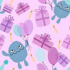 Cartoon monsters seamless birthday gift box and aliens and balloons pattern for wrapping paper and kids clothes