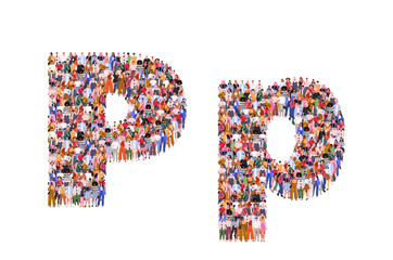 Large group of people in letter P form. People standing together. A crowd of male and female characters. Flat vector illustration isolated on white background.