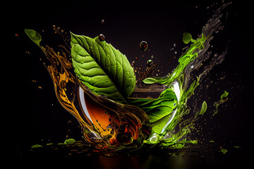 Green herbal tea splash and drops with mint leaves. Generative AI.2 - obrazy, fototapety, plakaty