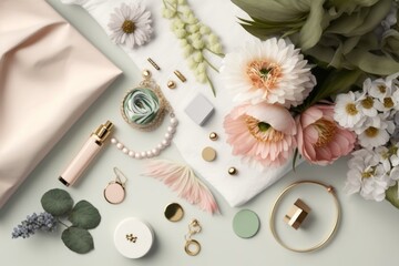 Stylish workspace with spring flowers, notepad, pen, cup of coffee and feminine accessories top view, flat lay. Mockup for designers, bloggers, articles etc. AI generate