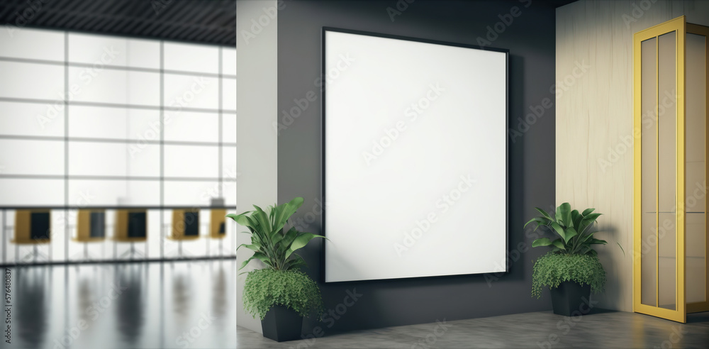 Wall mural corporate branding white blank frame mockup with modern business offices background - generative ai