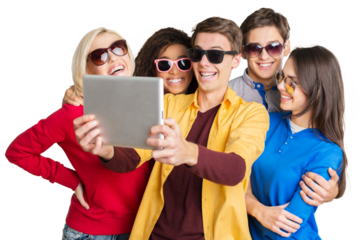 summer holidays, teenage and technology concept - group of smiling teenagers in sunglasses taking picture with tablet pc