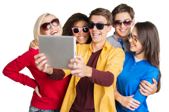 summer holidays, teenage and technology concept - group of smiling teenagers in sunglasses taking picture with tablet pc