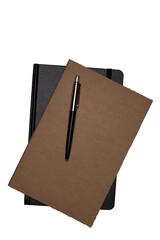 brown notebook, journal or notebook with a blue elastic band and a black elastic band with transparent background, png with text space