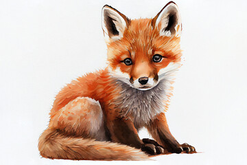 Portrait of a little red fox cub. Watercolor realistic illustration on a white background. Generative AI.